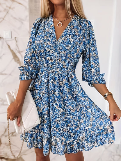 Robe imprimée à col en V avec manches et taille à volants