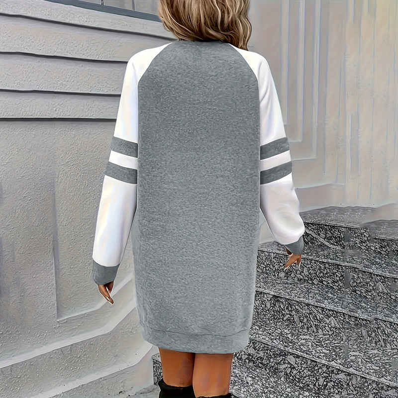 Women's Color Block Sweatshirt Dress Long Sleeve Crew Neck, Casual Short Pullover Tunic Dress