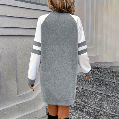 Women's Color Block Sweatshirt Dress Long Sleeve Crew Neck, Casual Short Pullover Tunic Dress