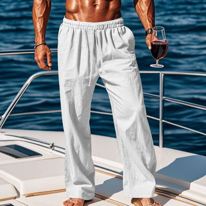 Independent Site European And American Men's Linen Mid-Waist Solid Color With Drawstring