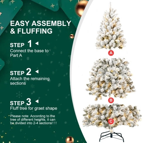 Sapin de Noël floqué pré-éclairé de 5 pieds avec 498 embouts de fil à mémoire de forme, gonflé sans effort, parfaitement formé et éclairé avec 200 lumières incandescentes chaudes apportant une élégance et un raffinement durables à vos vacances