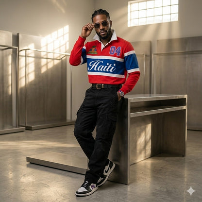 T-shirt rétro américain brodé homme avec motif Haïti, style hip-hop, couleur rouge et bleu, look décontracté.