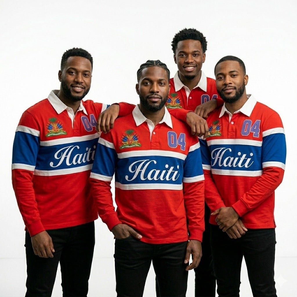 T-shirt rétro américain brodé homme, modèle avec motif Haïti, style américain, rouge et bleu, coupe confortable.