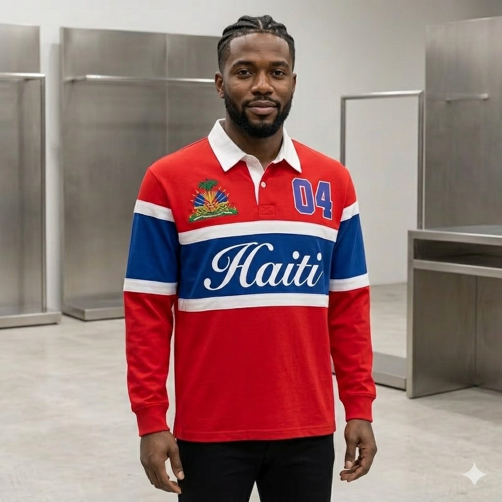 T-shirt rétro américain brodé homme avec motif Haïti, style hip-hop, manches longues, couleur rouge.