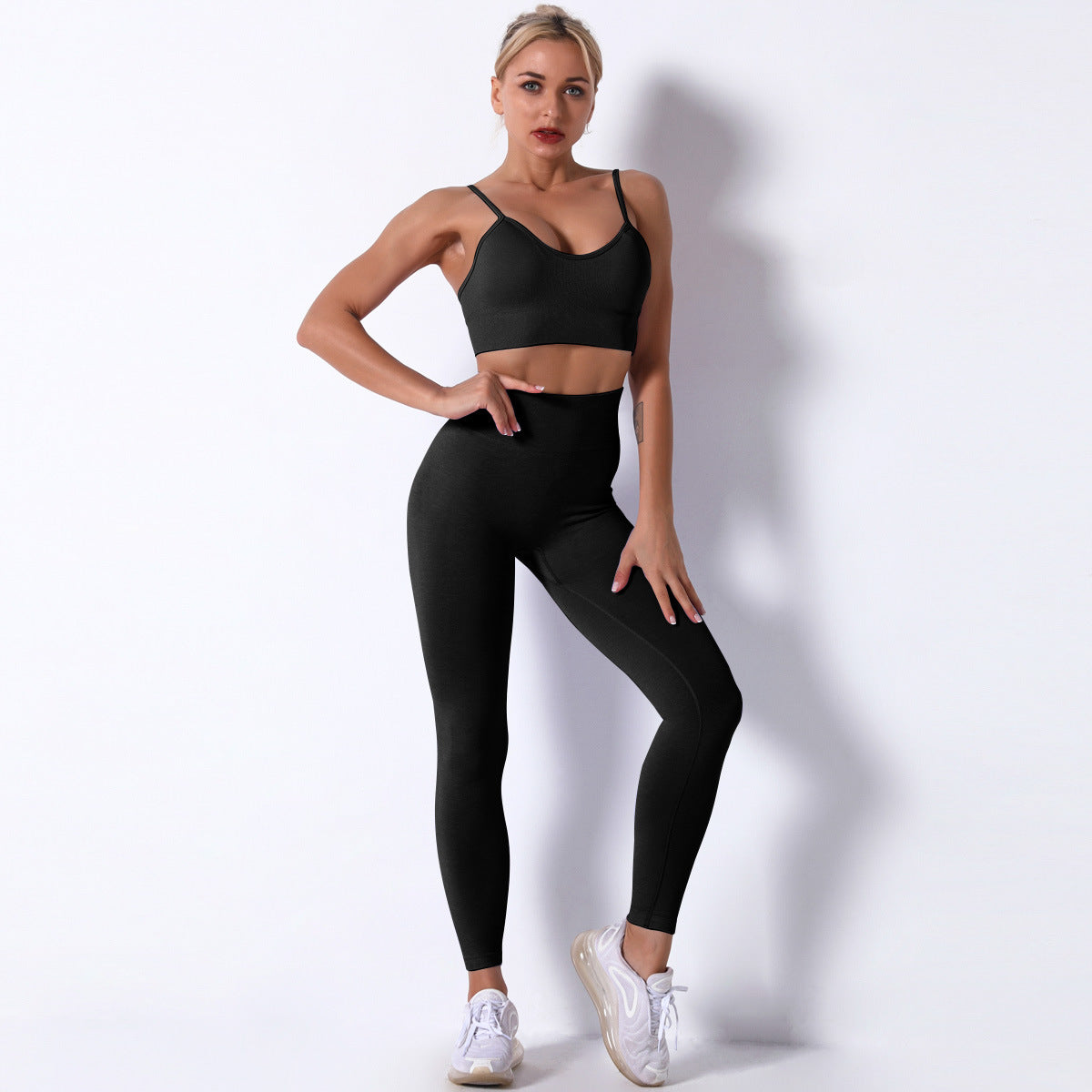 Seamless Knitted Solid Color Spaghetti Strap Bra Yoga Pants Sports Two-piece Set