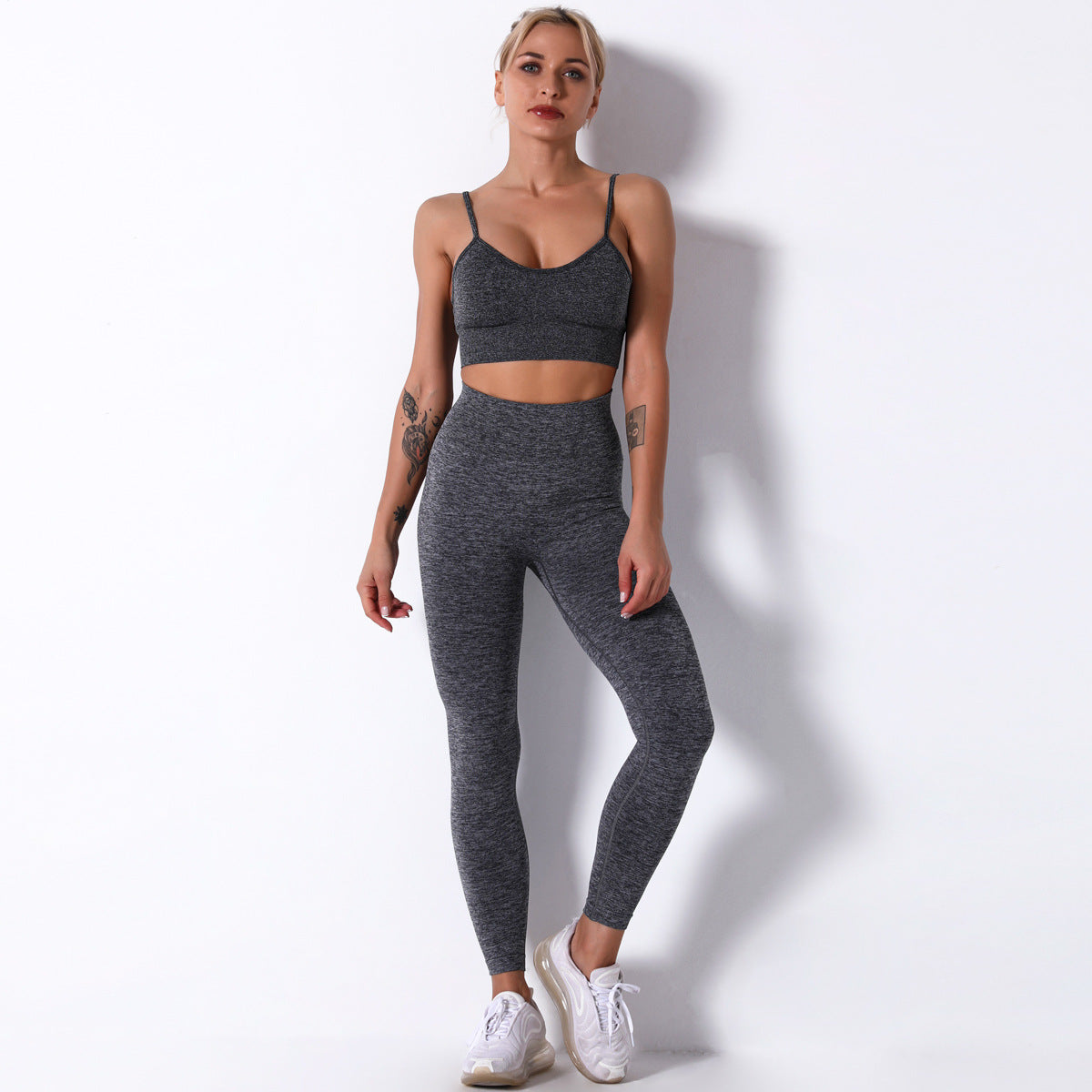 Seamless Knitted Solid Color Spaghetti Strap Bra Yoga Pants Sports Two-piece Set