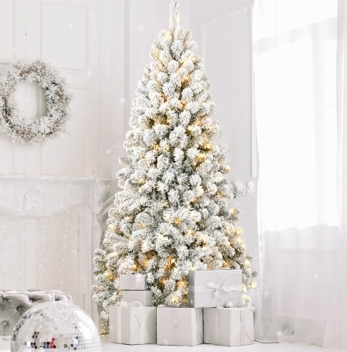 Sapin de Noël floqué pré-éclairé de 5 pieds avec 498 embouts de fil à mémoire de forme, gonflé sans effort, parfaitement formé et éclairé avec 200 lumières incandescentes chaudes apportant une élégance et un raffinement durables à vos vacances