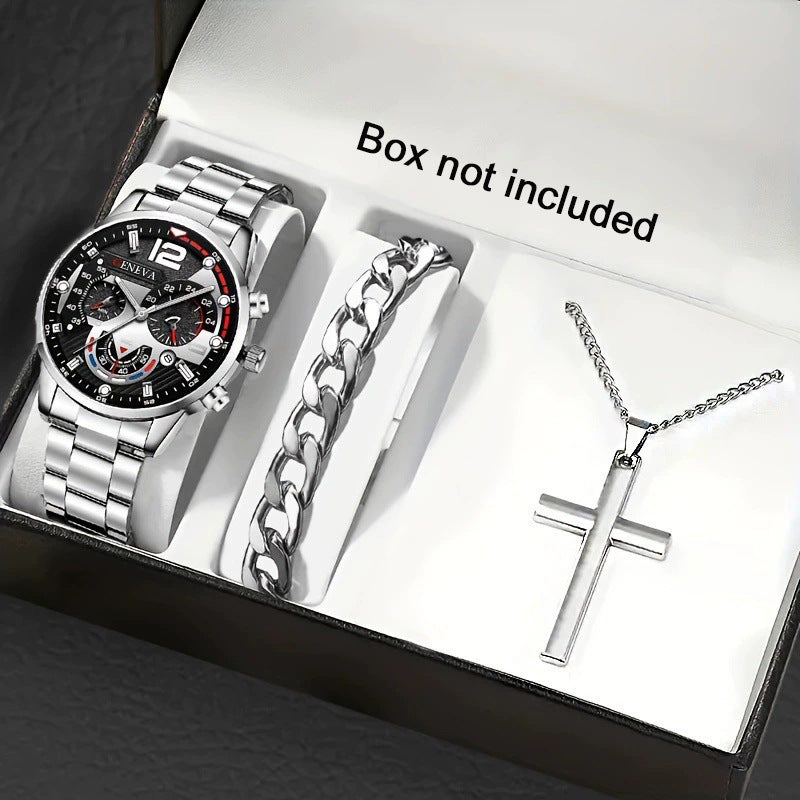 set de bracelet croix et montre pour homme, comprenant montre, bracelet et collier en boîte.