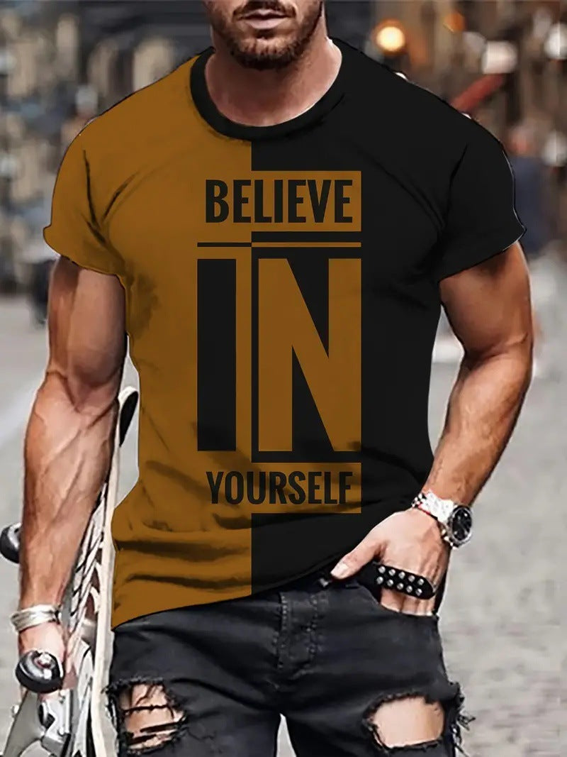 T-shirt homme été respirant avec message "Believe in yourself", style décontracté, coupe ample, en polyester.