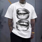 T-shirt hip-hop couple tendance avec motif de bouches en noir et blanc sur fond blanc, style décontracté.