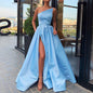 Women's Solid Color Strapless Evening Gown, High Slit Ruched Bust And Flared Skirt For Banquet & Formal Events