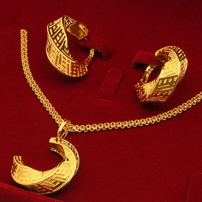 24K Gold Plated Two Pieces Copper Jewelry Suit Geometric Necklace Earrings