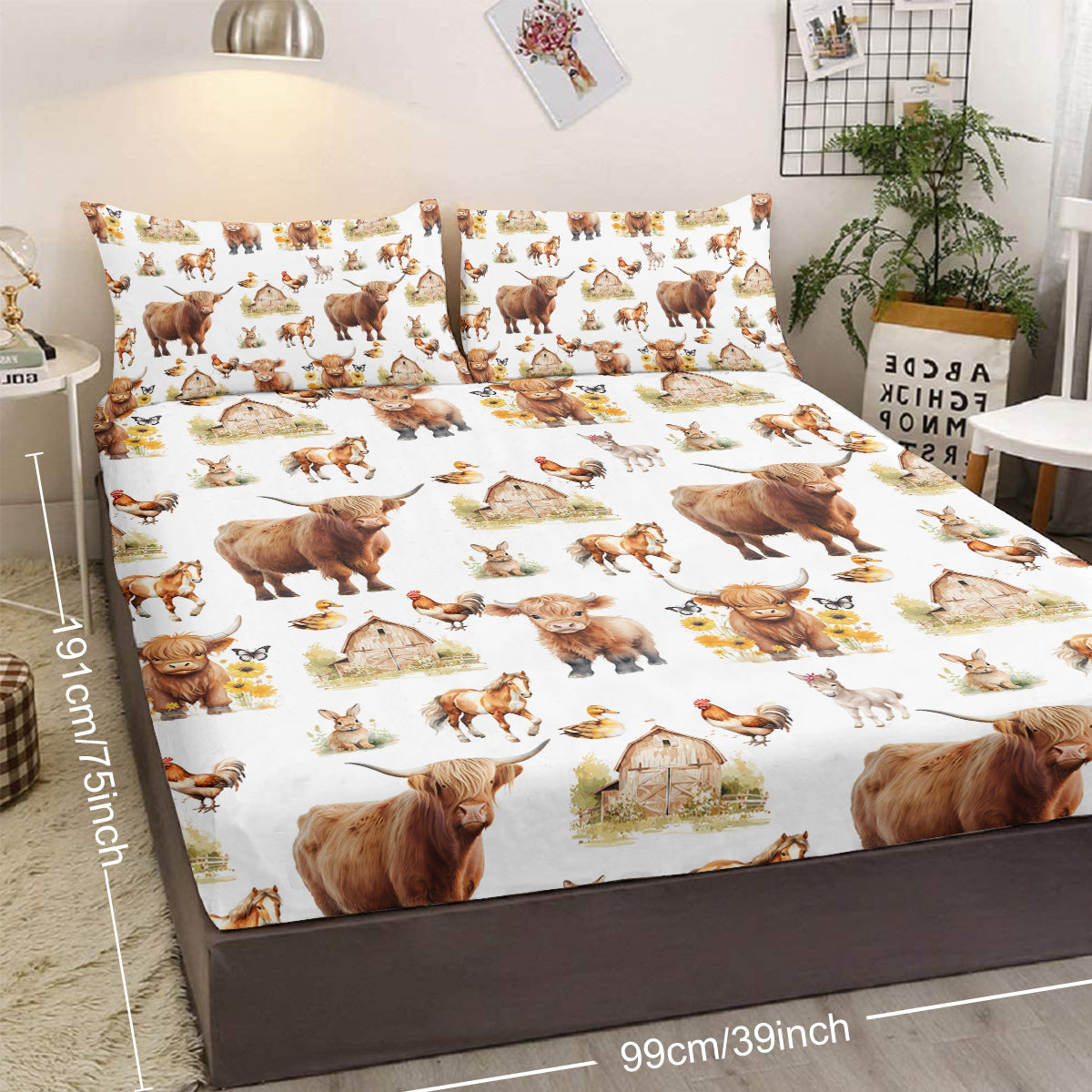 Housse de lit thème animaux enfants avec motifs de vaches et canards, parfait pour la chambre des enfants.