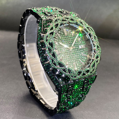 montre hip-hop pour homme avec zircon vert, bracelet brillant et design mode.