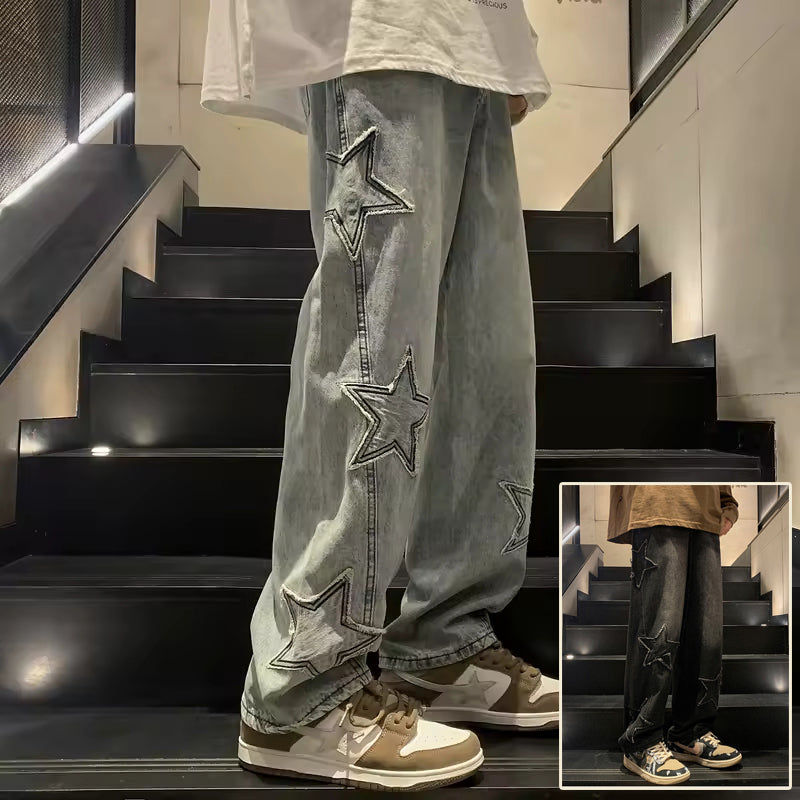 Jeans gothiques décontractés pour hommes avec broderies en étoile, style décontracté et large, mode hip-hop.