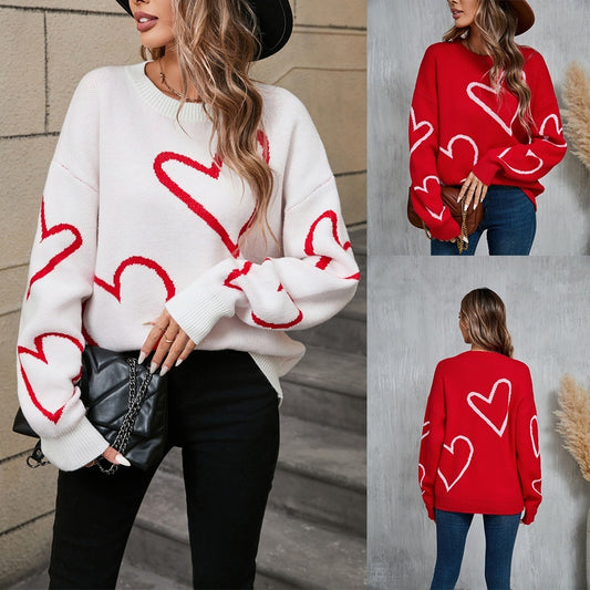 Pull de Saint-Valentin pour femme avec gros cœurs et couleur contrastée