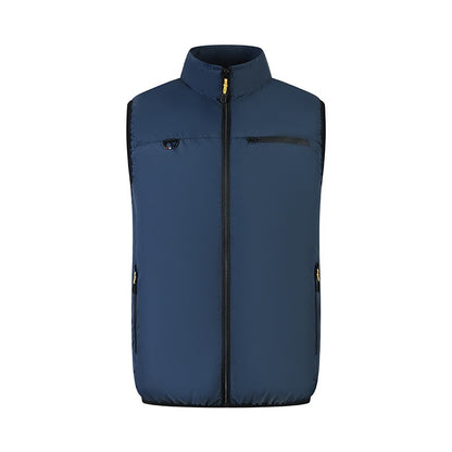 Gilet ventilateur USB été en bleu marine avec poches zippées et coupe décontractée pour hommes.