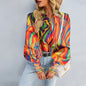 Women's Fashion Printed Long Sleeve Lapel Bishop Sleeves Top