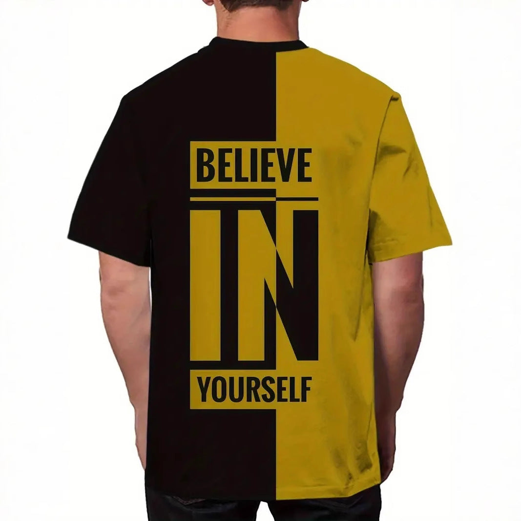 T-shirt homme été respirant avec le message "BELIEVE IN YOURSELF" sur le dos.