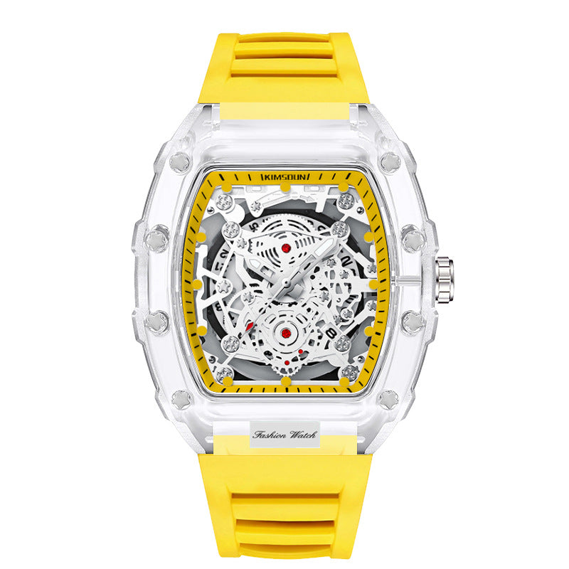 montres transparentes pour hommes étanches avec un cadran transparent et un bracelet jaune.