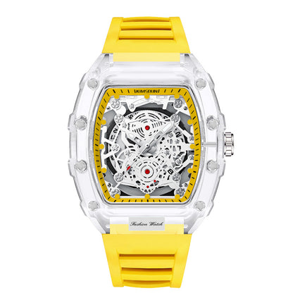 montres transparentes pour hommes étanches avec un cadran transparent et un bracelet jaune.