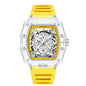 montres transparentes pour hommes étanches avec un cadran transparent et un bracelet jaune.