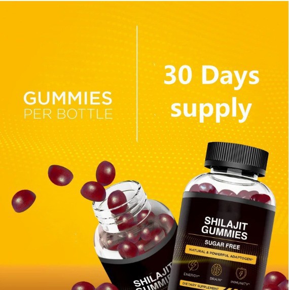 Bouteille de gummies shilajit bio, fournissant un approvisionnement pour 30 jours, sans sucre.