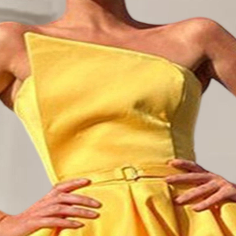 Women's Solid Color Strapless Evening Gown, High Slit Ruched Bust And Flared Skirt For Banquet & Formal Events