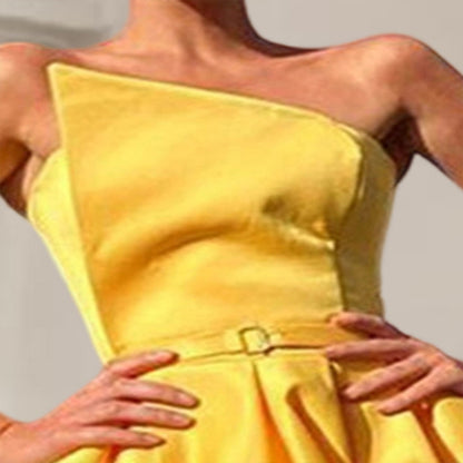 Women's Solid Color Strapless Evening Gown, High Slit Ruched Bust And Flared Skirt For Banquet & Formal Events