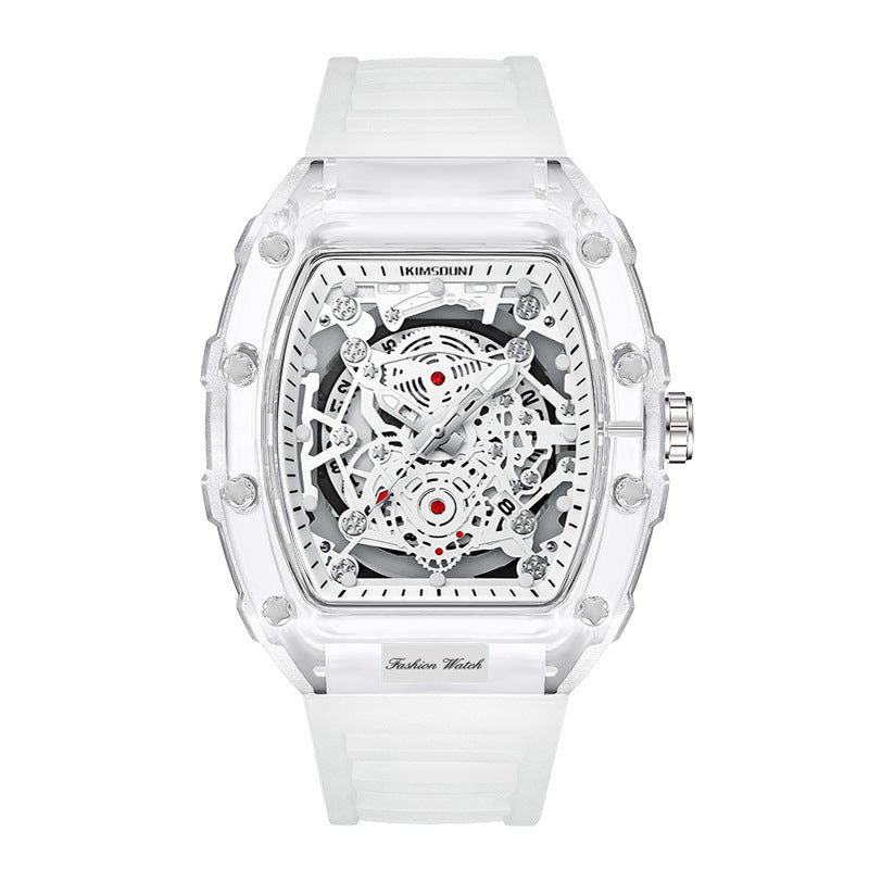 montres transparentes pour hommes étanches avec un cadran blanc et un bracelet en silicone transparent.