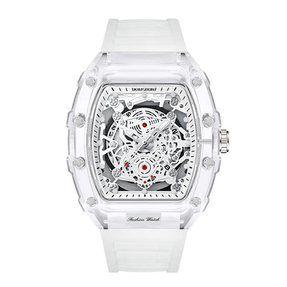 montres transparentes pour hommes étanches avec un cadran blanc et un bracelet en silicone transparent.