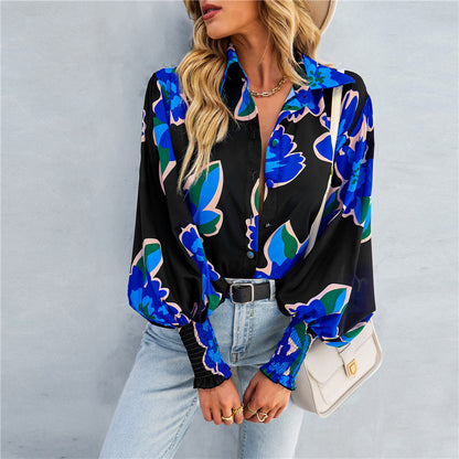 Women's Fashion Printed Long Sleeve Lapel Bishop Sleeves Top