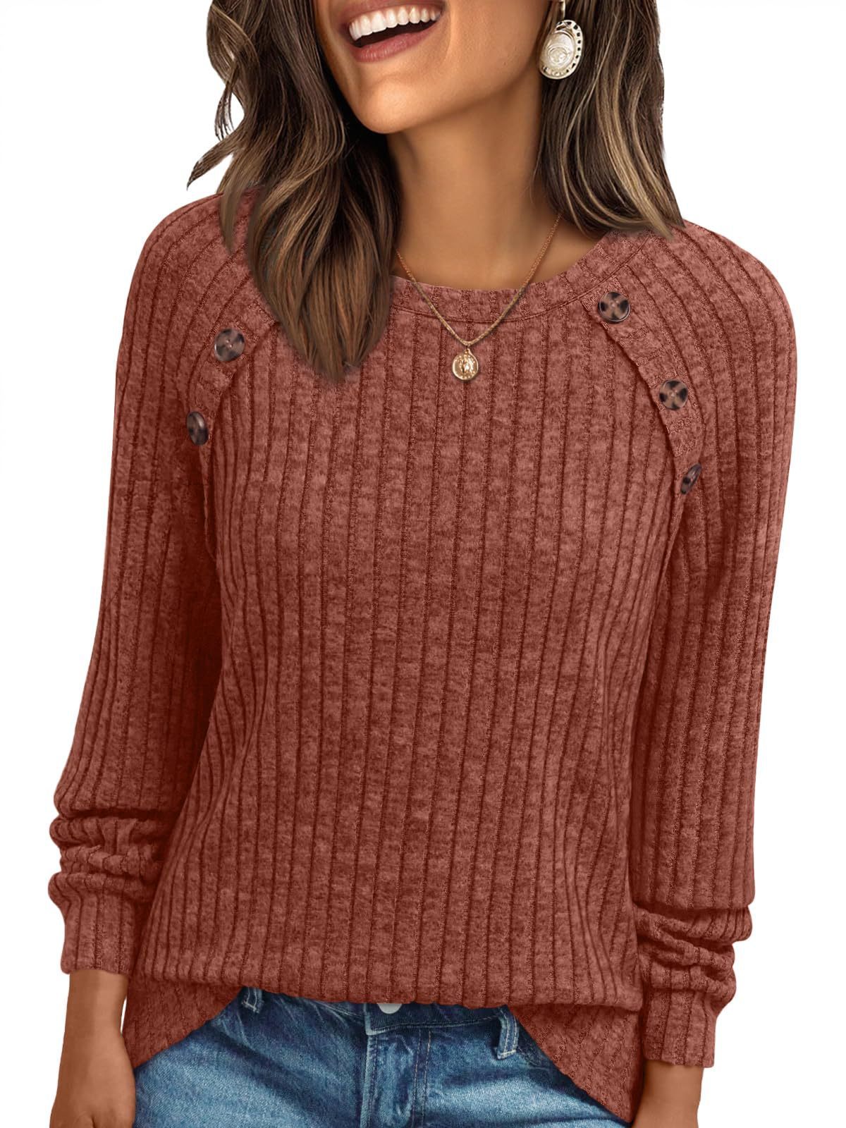 Round Neck Sunken Stripe Brushed Solid Color Top Long Sleeve