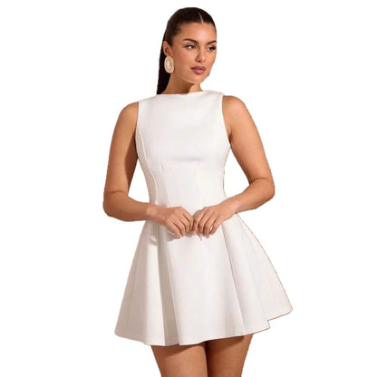 Robe de Cocktail Élégante Femme – Sans Manches, Coupe Trapèze Cintrée, Couleur Unie