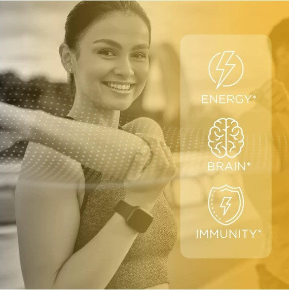 Femme souriante faisant de l'exercice avec des icônes représentant énergie, cerveau et immunité.