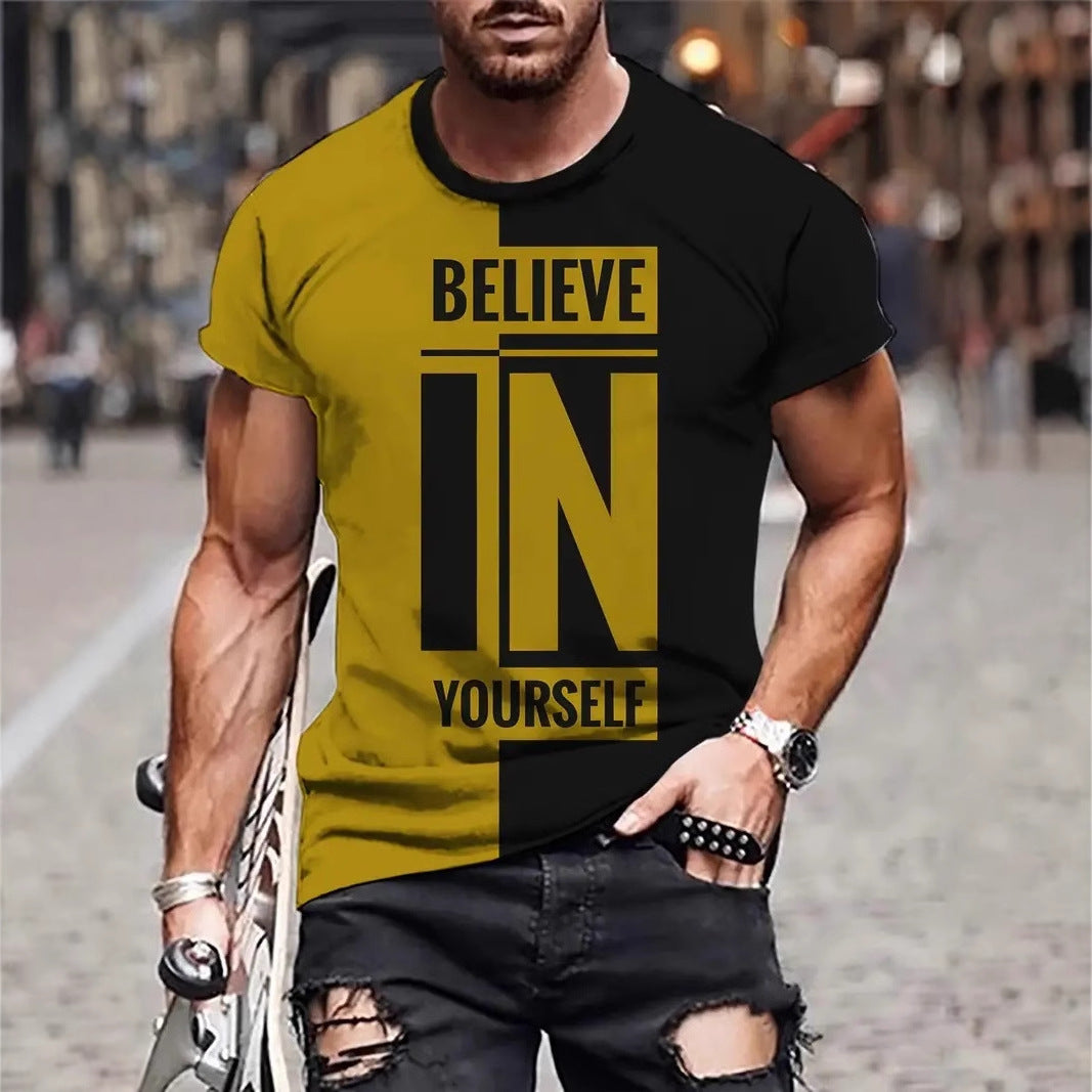 t-shirt homme été respirant avec motif "Believe in Yourself" en noir et jaune.