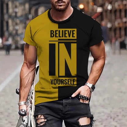 t-shirt homme été respirant avec motif "Believe in Yourself" en noir et jaune.