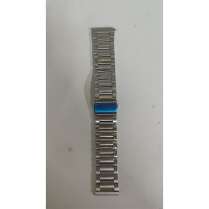 Montre connectée écran rond avec bracelet en acier inoxydable et fermoir bleu.