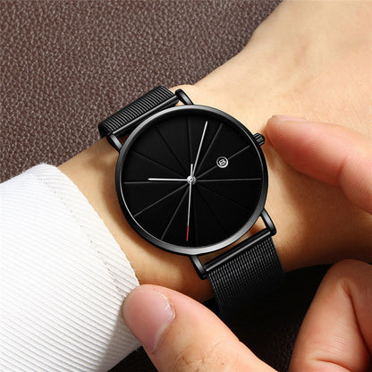 Montre masculine étanche quartz créative sur poignet, cadran noir élégant et moderne.