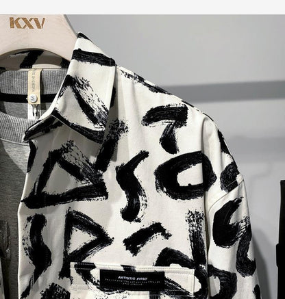 chemises à manches longues hommes avec motif artistique en noir et blanc sur tissu léger