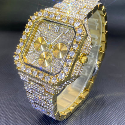 Montre fashion homme diamant entièrement incrustée de diamants, style carré, couleur or, multifonctionnelle.