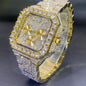 Montre fashion homme diamant entièrement incrustée de diamants, style carré, couleur or, multifonctionnelle.