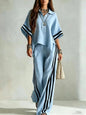 ensemble femme shirt manches courtes et pantalon large en bleu clair avec des rayures élégantes.