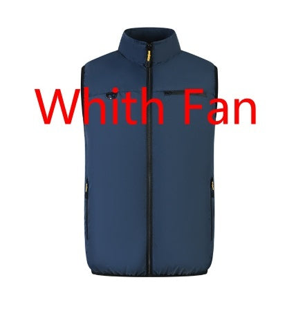 Gilet ventilateur USB été en couleur bleu foncé avec poches zippées et coupe décontractée.