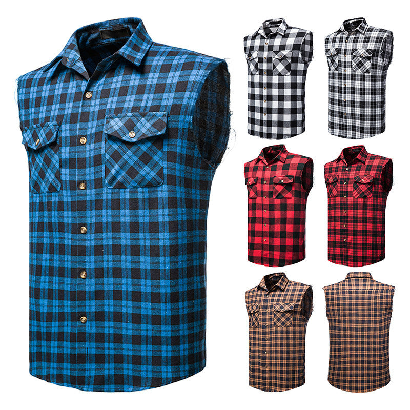 Men's Vest Casual Plaid Sleeveless Shirt Pocket Decoration Large Size Vest