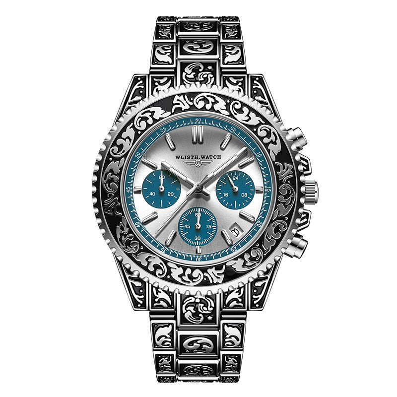 montre homme vintage multifonction avec bracelet décoratif et cadran argenté, style antique, fonction chronographe.