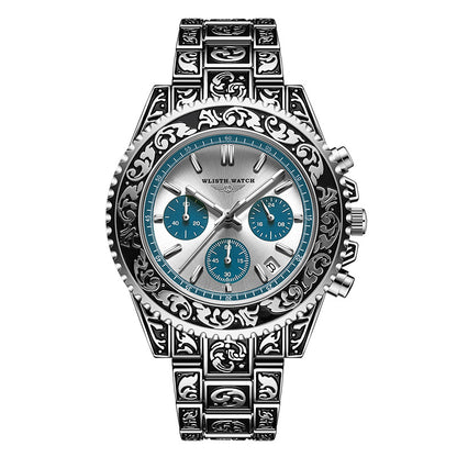 montre homme vintage multifonction avec bracelet décoratif et cadran argenté, style antique, fonction chronographe.