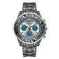 montre homme vintage multifonction avec bracelet décoratif et cadran argenté, style antique, fonction chronographe.