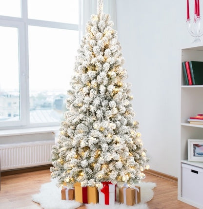 Sapin de Noël floqué pré-éclairé de 5 pieds avec 498 embouts de fil à mémoire de forme, gonflé sans effort, parfaitement formé et éclairé avec 200 lumières incandescentes chaudes apportant une élégance et un raffinement durables à vos vacances