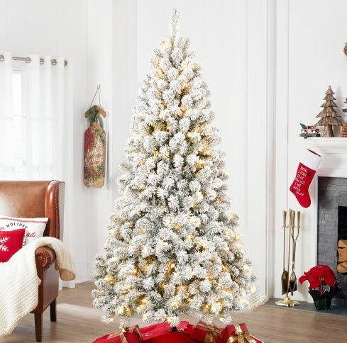 Sapin de Noël floqué pré-éclairé de 5 pieds avec 498 embouts de fil à mémoire de forme, gonflé sans effort, parfaitement formé et éclairé avec 200 lumières incandescentes chaudes apportant une élégance et un raffinement durables à vos vacances